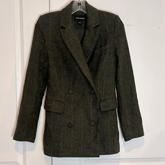 Frank and Oak Olive Green Plaid Wool Blend Double Breasted Blazer XS - Picture 1 of 12
